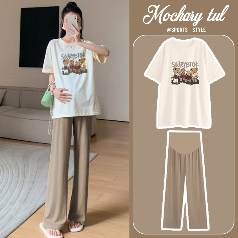 Maternity Summer Outfit Two-Piece Set, Lazy Style, Thin Summer Casual Loose Short-Sleeve T-Shirt, Fashionable and Trendy Maternity Summer Outfit Two-Piece Set, Lazy Style, Thin Summer Casual Loose Short-Sleeve T-Shirt, Fashionable and Trendy