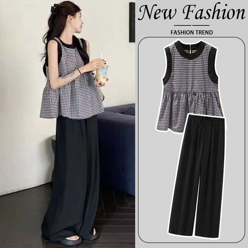 Maternity Summer Suit 2025 New Style Fashionable and Stylish Plaid Vest Top Two-Piece Set Summer Loose Fit for Women