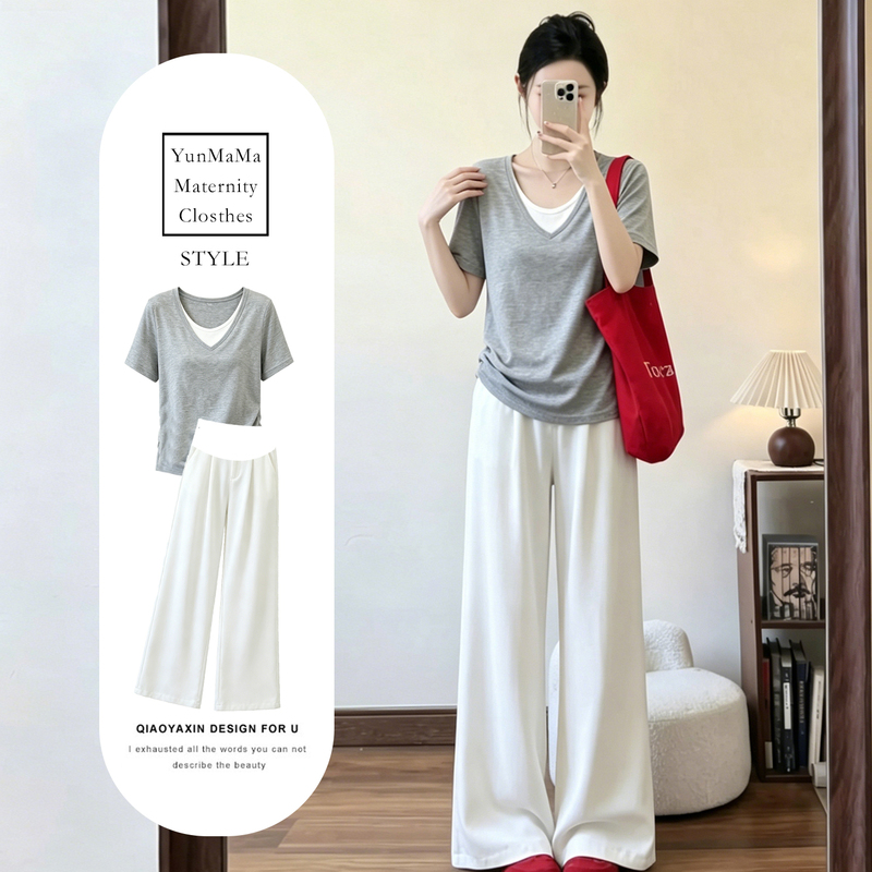 Maternity Wear Summer Tops 2026 New Short-Sleeved T-Shirt Fake Two-Piece V-Neck Loose and Stylish Thin Summer Set for Pregnancy
