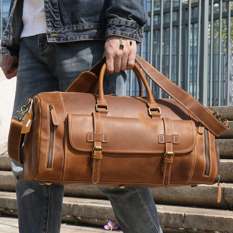 New Travel Handbag Men's First-Layer Cowhide Fitness Bag Genuine Leather Luggage Bag Crazy Horse Leather Men's Bag Handmade