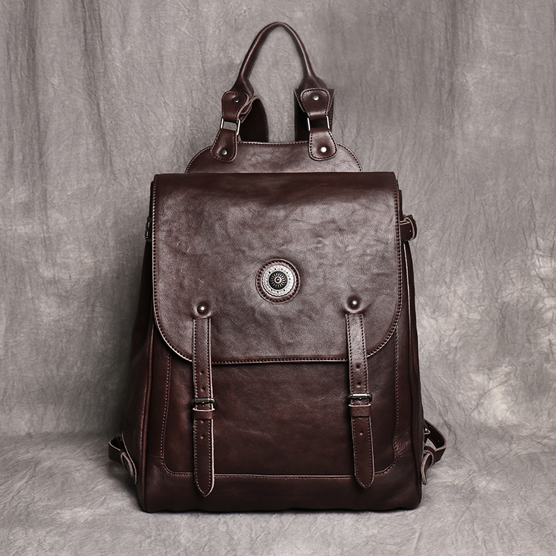 New retro men's backpack solid color vegetable tanned leather computer bag large capacity school bag short-term travel backpack