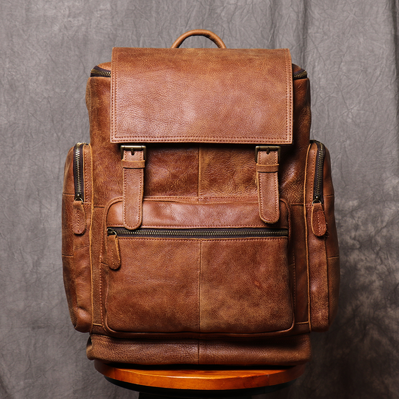 First layer cowhide men's shoulder bag frosted retro computer bag business travel leisure backpack large-capacity fashion school bag