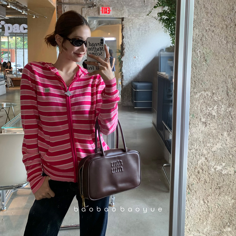 【Baobaobaoyue】Stickman Series Striped Zipper Hooded Sweater for Women Spring and Autumn Knitted Top