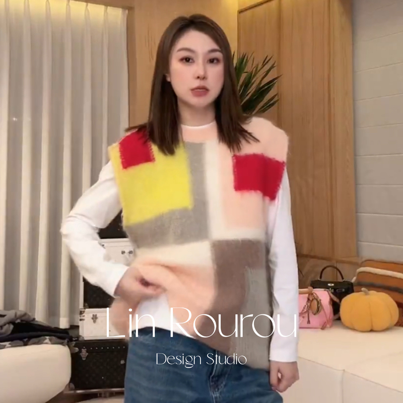 Lin Rou Rou [Sweet Colorful Square Vest] Knitted Sweater Vest for Women Spring 2026 New Sleeveless Top