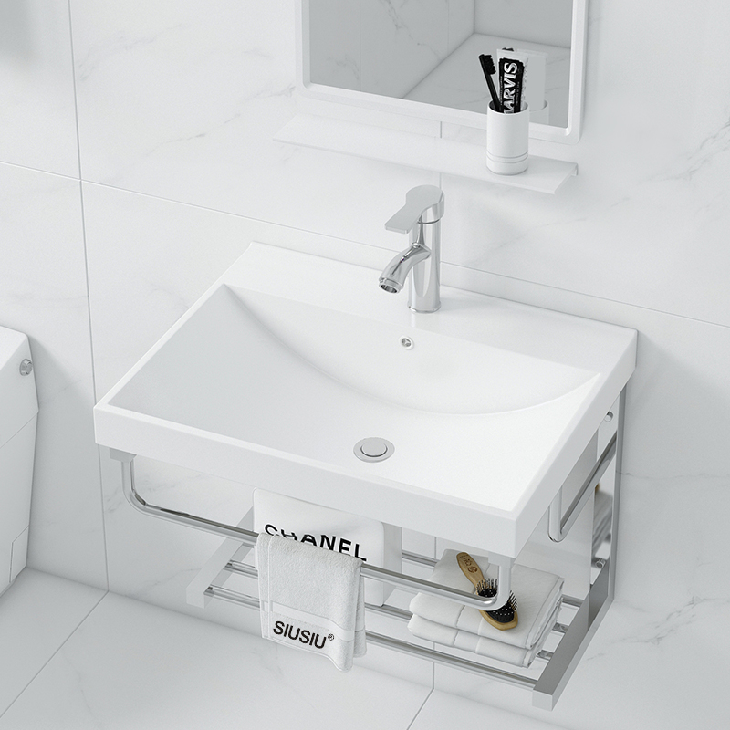 Simple hanging wall type washbasin stainless steel bracket ceramic washbasin small family type make-up room integrated simple table basin