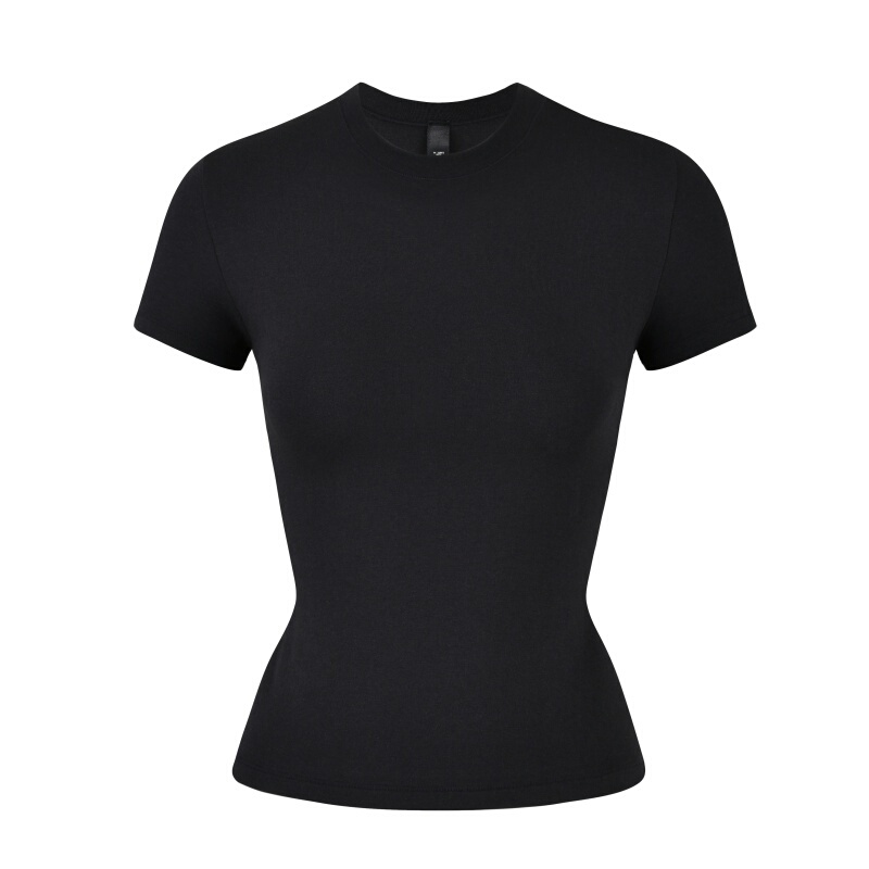 Lq Kardashian Style Cotton Jersey Short-Sleeve T-Shirt for Women, Body-Shaping Elastic Top, Round Neck Slim-Fit Base Shirt