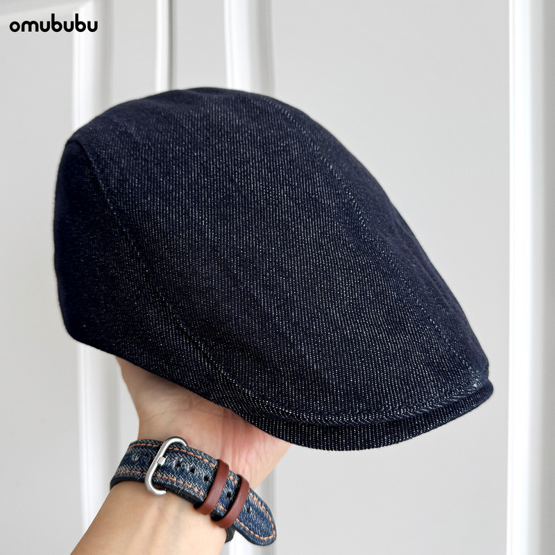Omububu Old Money Style British Retro Denim Dark Blue Cap Fashionable Versatile Beret Forward Cap