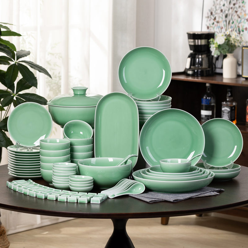 Longquan Celadon Tableware Set, Plain High-End Simple Bowls and Plates, Household Ceramic Rice Bowl Set, Housewarming Gift