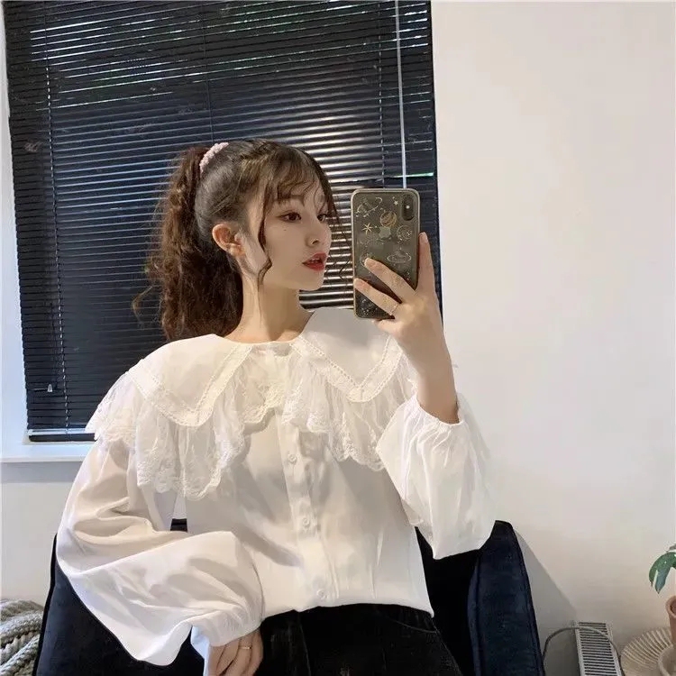 Spring and Autumn Korean Style New Loose and Stylish Doll Collar Lace Trim Long-Sleeve Shirt Top Women's Clothing ins Student Trend