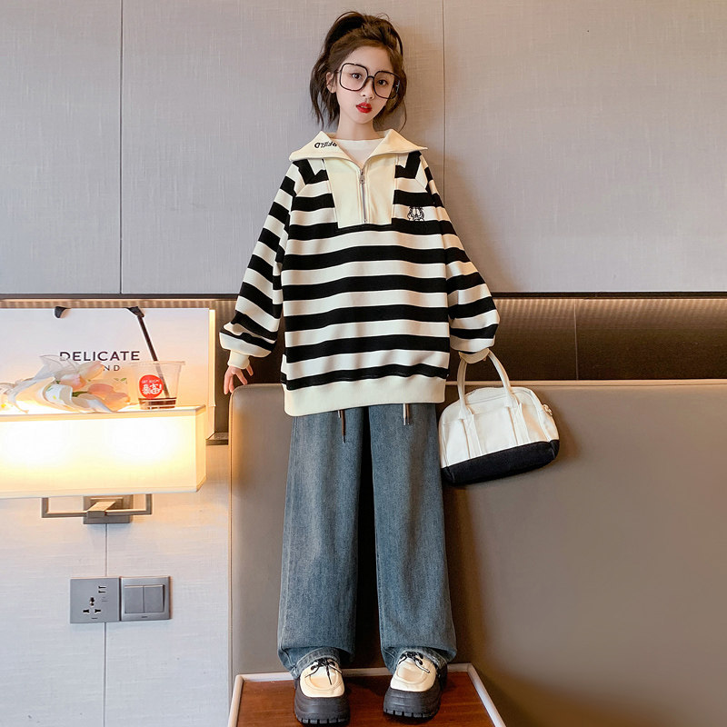 Girl Necropolis Spring Autumn Style 2024 New Ocean Qi Children Autumn Dress Women's Spring Striped Long Sleeve Loose Blouses-Taobao