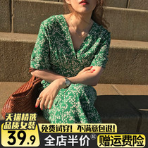 Green Broken Flowers One-piece Dress 2022 Spring Dress New Style Gentle Temperament Long Skirt Small Subdesign Sensation