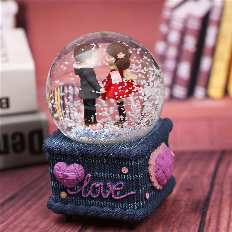 Creative romantic blue sweater couple gift crystal ball birthday Valentine's Day gift home decoration snow Music Box