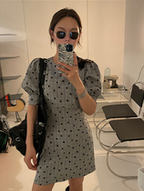 wxlstudio custom Korean flocking material ~ beautiful greasy polo dress women waist bubble sleeve Medium-length dress