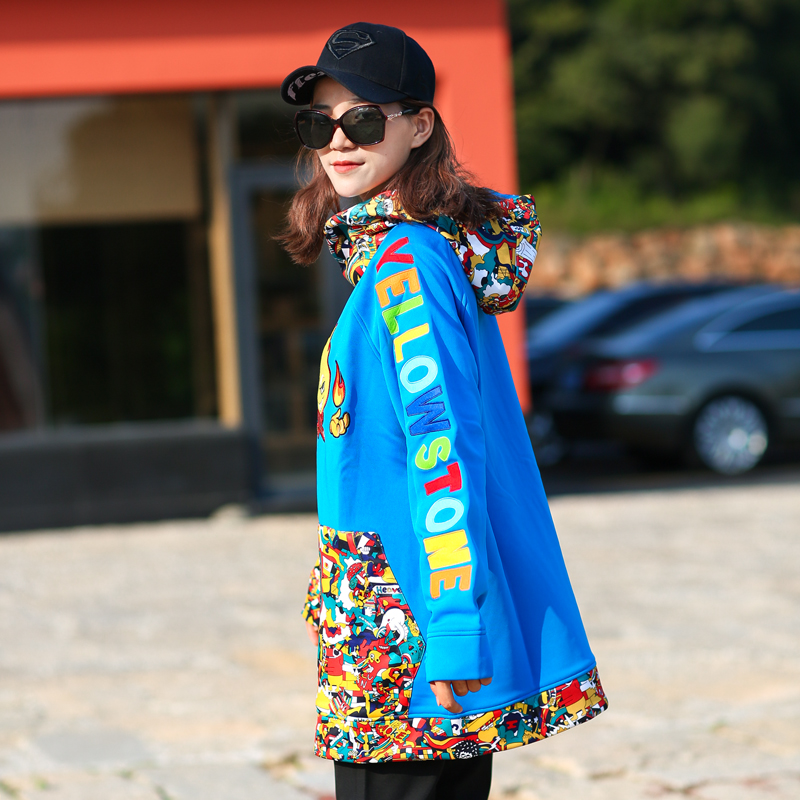 Outdoor autumn and winter embroidery loose version hooded sweatshirt women's fleece jacket sportswear cotton medium and long version T-shirt