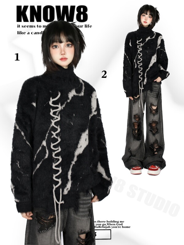 Know8 Autumn and Winter American Retro Dark Style Lace-Up Knitted Stand-Up Collar Sweater, Loose Fit, Thick, Lazy and Warm ins
