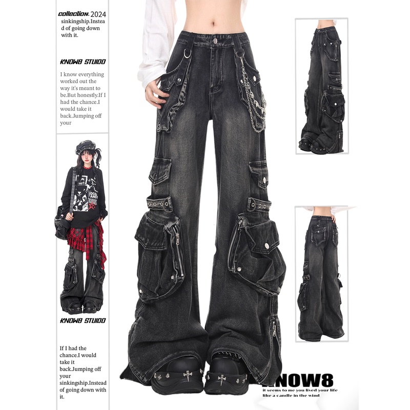 Know8 American High Street Heavy-Duty Washed Multi-Pocket Workwear Jeans Unisex Y2K Punk Flared Pants