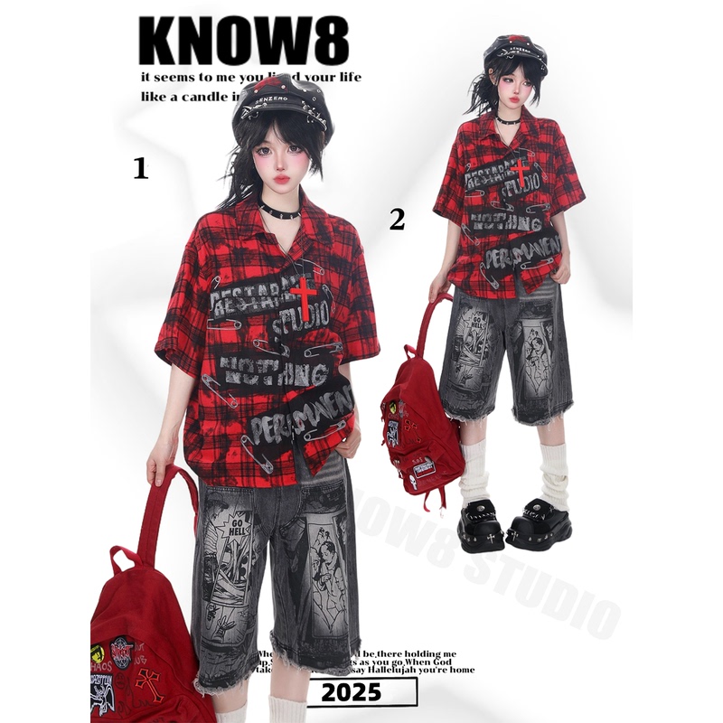 Know8 Original American Retro Plaid Shirt for Men and Women, Summer Couple's Loose Casual Versatile Short-Sleeved Top