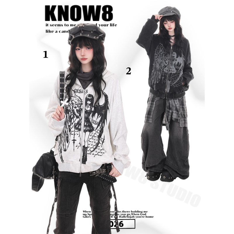 Know8 American Street Style Portrait Graffiti Hooded Sweatshirt for Men and Women, Loose Zipper Cardigan Jacket, Cool Style Know8 American Street Style Portrait Graffiti Hooded Sweatshirt for Men and Women, Loose Zipper Cardigan Jacket, Cool Style