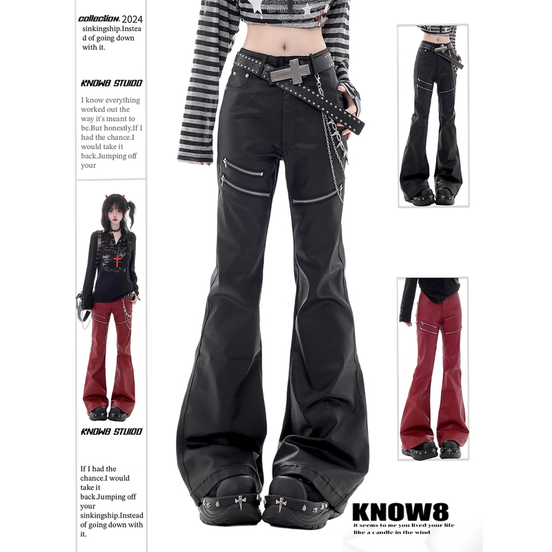 Know8 Visual Punk Flared Pants Slim Fit Leather Pants Liquid Metal Coating Zipper Flared Wax Pants