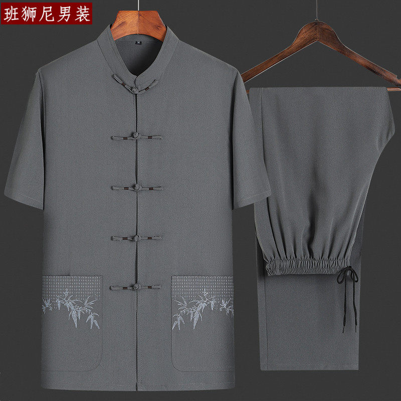 Summer Tang suit men's short-sleeved cotton and linen middle-aged and elderly loose dad summer suit grandpa summer clothes thin shirt
