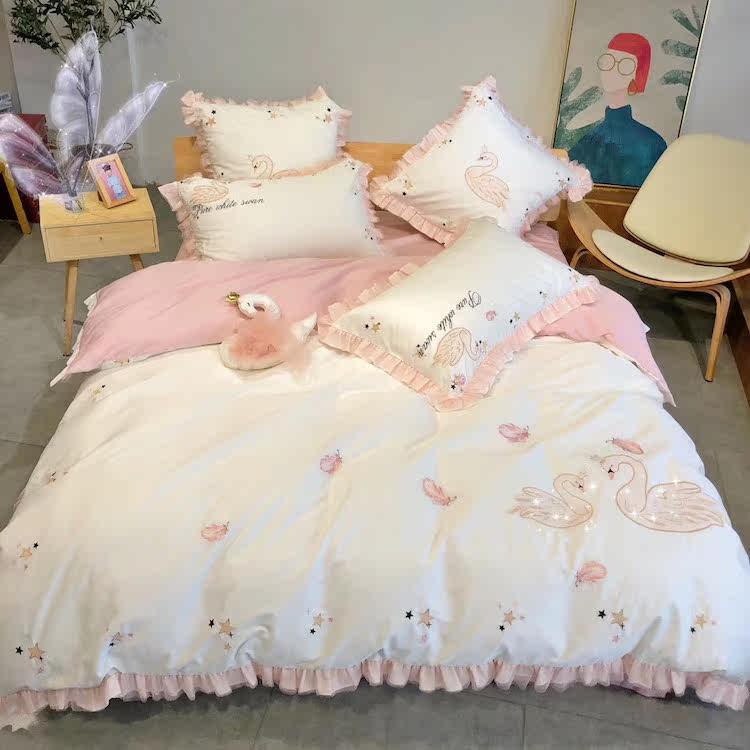 60S long staple cotton satin embroidery spring and autumn pure cotton pure cotton swan fresh sweet princess girl bed 4 pieces set