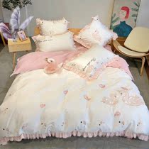 60s long-staple cotton tribute satin embroidery spring and autumn cotton cotton Swan fresh sweet princess girl bedding four-piece set