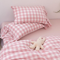 Cotton powder grid dyed water washing cotton Japanese bow lace girl fresh single bed bed hat 1 8 four-piece set