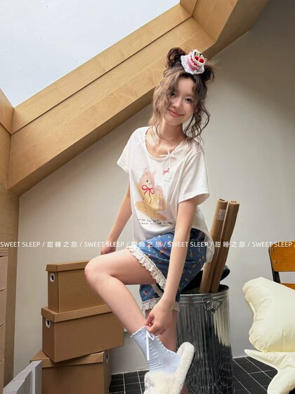 Gill Aimar小熊家睡衣女夏季可爱猫咪短袖短裤田园碎花甜睡之旅