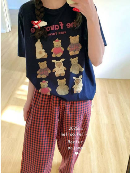 格子小熊套装！Reefur Rinka梨花家春夏新款短袖长裤格子居家服女