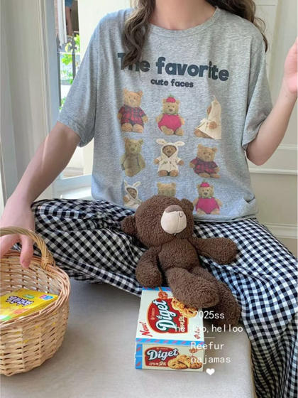 格子小熊套装！Reefur Rinka梨花家春夏新款短袖长裤格子居家服女