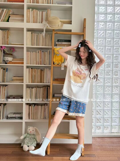 Gill Aimar小熊家睡衣女夏季可爱猫咪短袖短裤田园碎花甜睡之旅