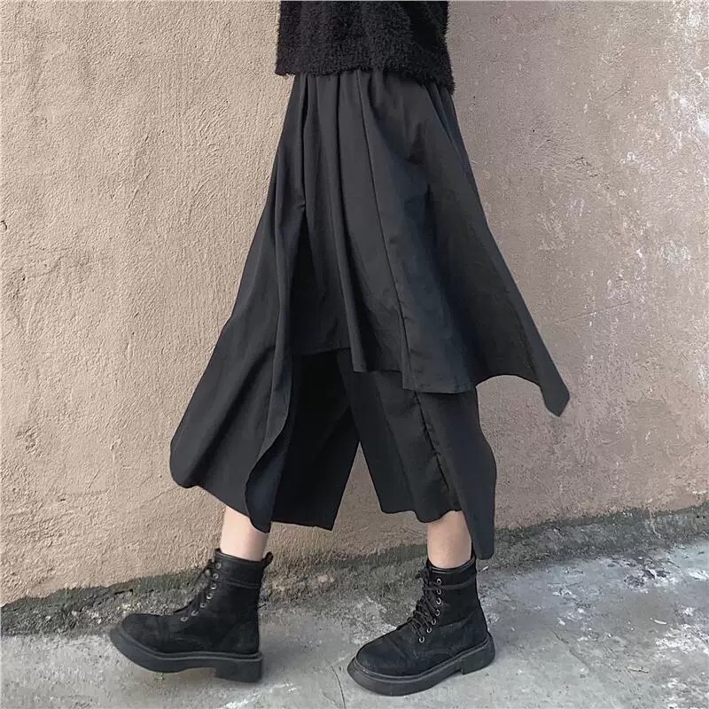 Dark Style Irregular Wide-Leg Pants for Women, Summer Thin Yamamoto-Style Knight Pants, Versatile and Casual Cropped Pants Skirt