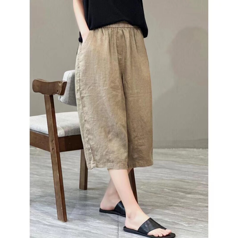 Elastic Waist Cropped Pants for Women, Loose Fit, Artistic Style, Solid Color, Vintage, Versatile, Japanese Casual Pants, Thin, Slimming, Plus Size Elastic Waist Cropped Pants for Women, Loose Fit, Artistic Style, Solid Color, Vintage, Versatile, Japanese Casual Pants, Thin, Slimming, Plus Size