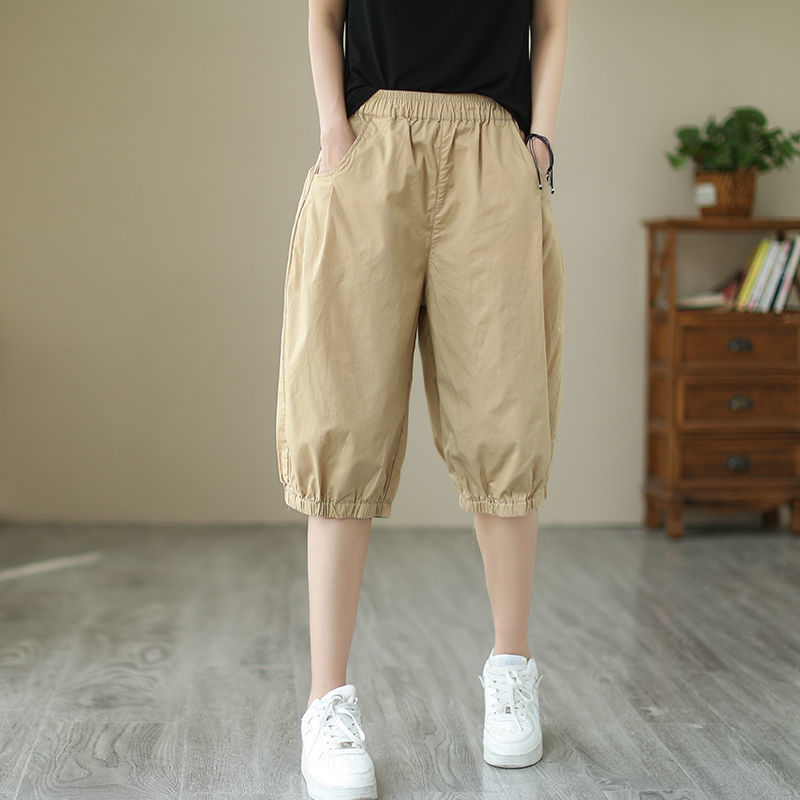 Summer Casual Pure Cotton Shorts for Women, Loose Fit, Plus Size, Slimming, High-Waisted, Knee-Length, Wide-Leg, Elastic Waist, Harem Pants, Mid-Length Pants