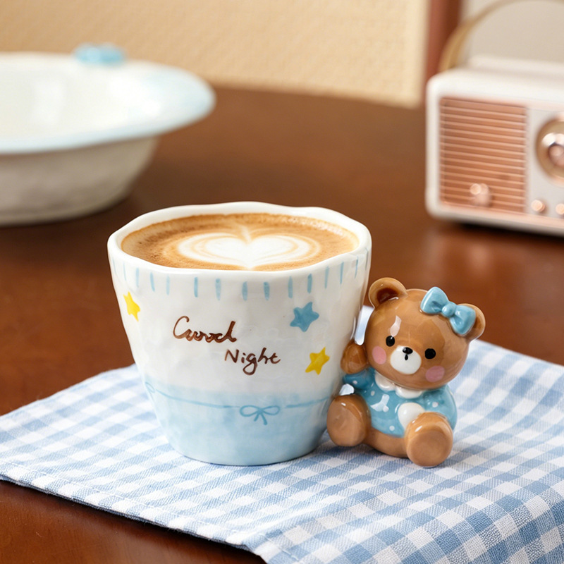 Blue Gradient Star and Moon Good Night Bear Ceramic Tableware 3-Piece Set: Deep Plate, Rice Bowl, Handheld Cup, 1-Person Breakfast Set