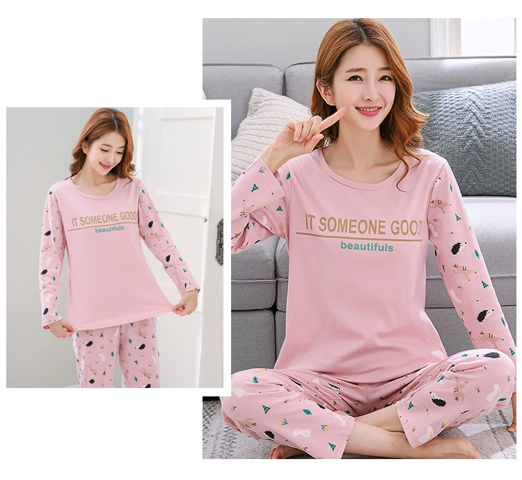 Bộ đồ ngủ mùa xuân và mùa thu cotton dài tay phiên bản Hàn Quốc có thể mặc bên ngoài bộ đồ mùa thu tươi mới và đáng yêu của nữ sinh phục vụ tại nhà