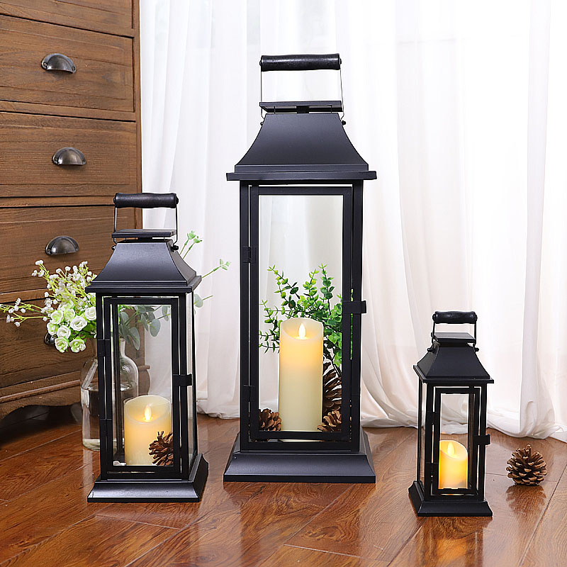 European black iron glass retro wind lamp romantic creative candlestick fitting wedding road lead rope props