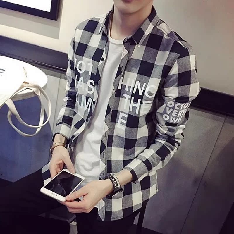 春夏季日系薄款格子衬衫男士长袖修身衬衣青少年休闲小外套潮上衣