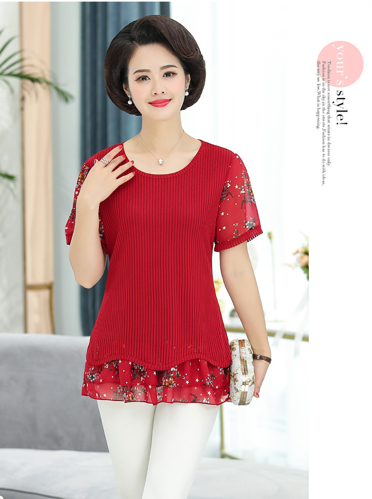 Áo thun nữ tay ngắn cho nữ trung niên Áo thun nữ trung niên mùa hè 2019 áo sơ mi voan mới cho mẹ - Quần áo của mẹ váy tuổi trung niên