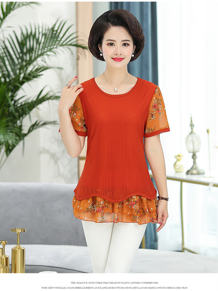 Áo thun nữ tay ngắn cho nữ trung niên Áo thun nữ trung niên mùa hè 2019 áo sơ mi voan mới cho mẹ - Quần áo của mẹ váy tuổi trung niên