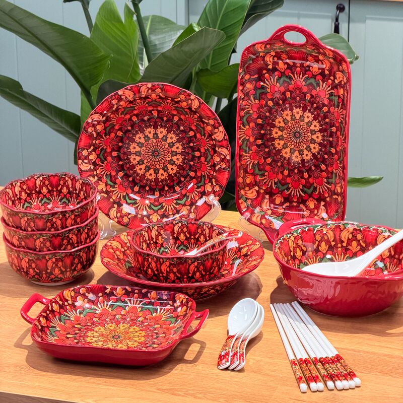 Foreign Trade Bohemian Crimson Feast Ceramic Underglaze Color Tableware 18-Piece Set for Home Use Creative Festive Bowl and Plate Set Foreign Trade Bohemian Crimson Feast Ceramic Underglaze Color Tableware 18-Piece Set for Home Use Creative Festive Bowl and Plate Set