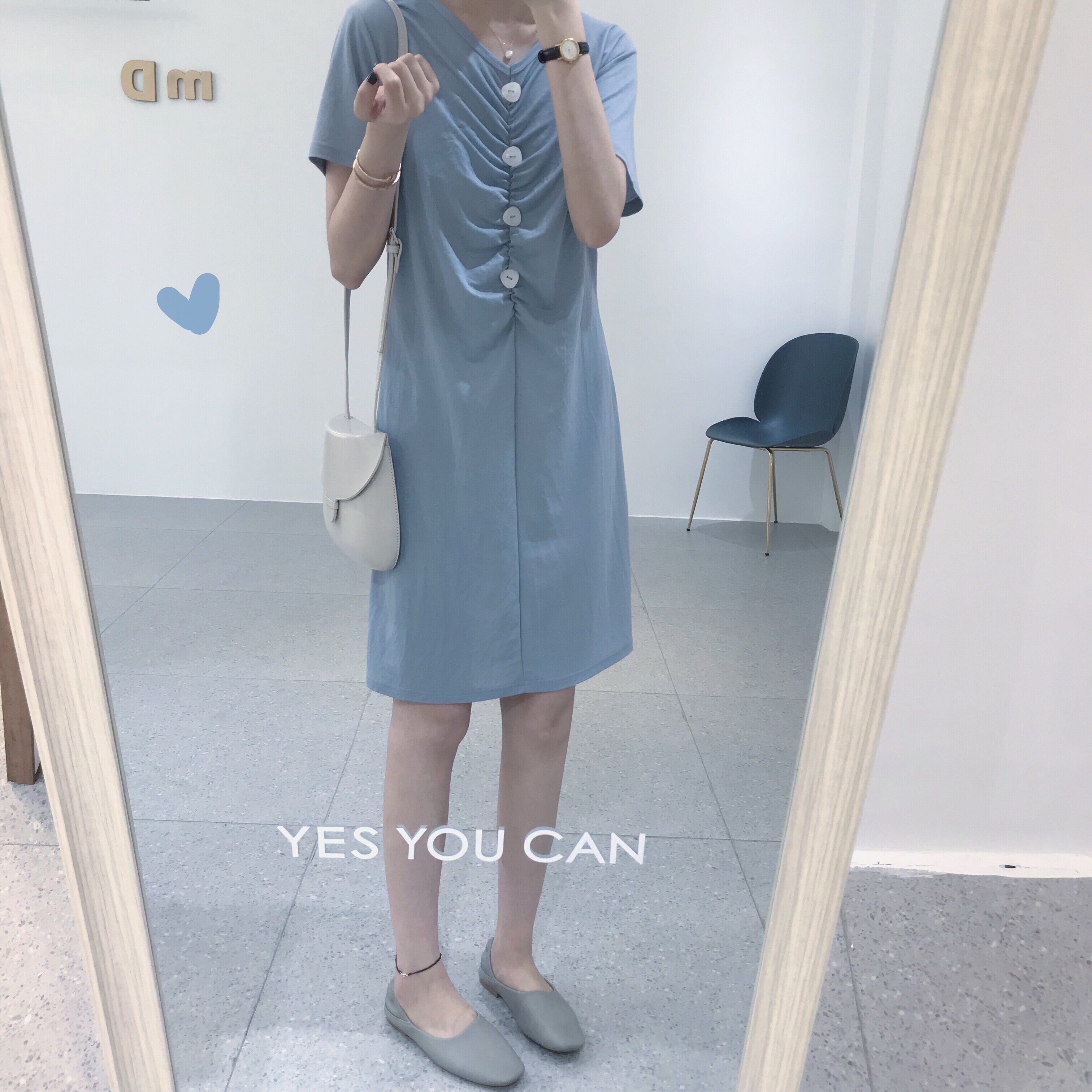 Big Cute Spring/Summer New Treasure Girl Temperament Book V-Neck Show Thin Button Lock Pleated Solid Color Dress Woman