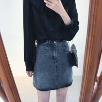 Big cute spring and summer new sexy” small waist fine  retro stretch pocket cut edge high waist denim skirt woman