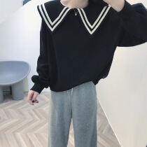 Big Meng autumn and winter New clever and chic ~ knock soft age reduction navy collar color lapel loose sweater top