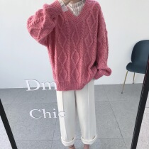 Big Meng Winter New Parisian Beitai ~ Clavicle Lazy V-neck Loose Twist Recommended