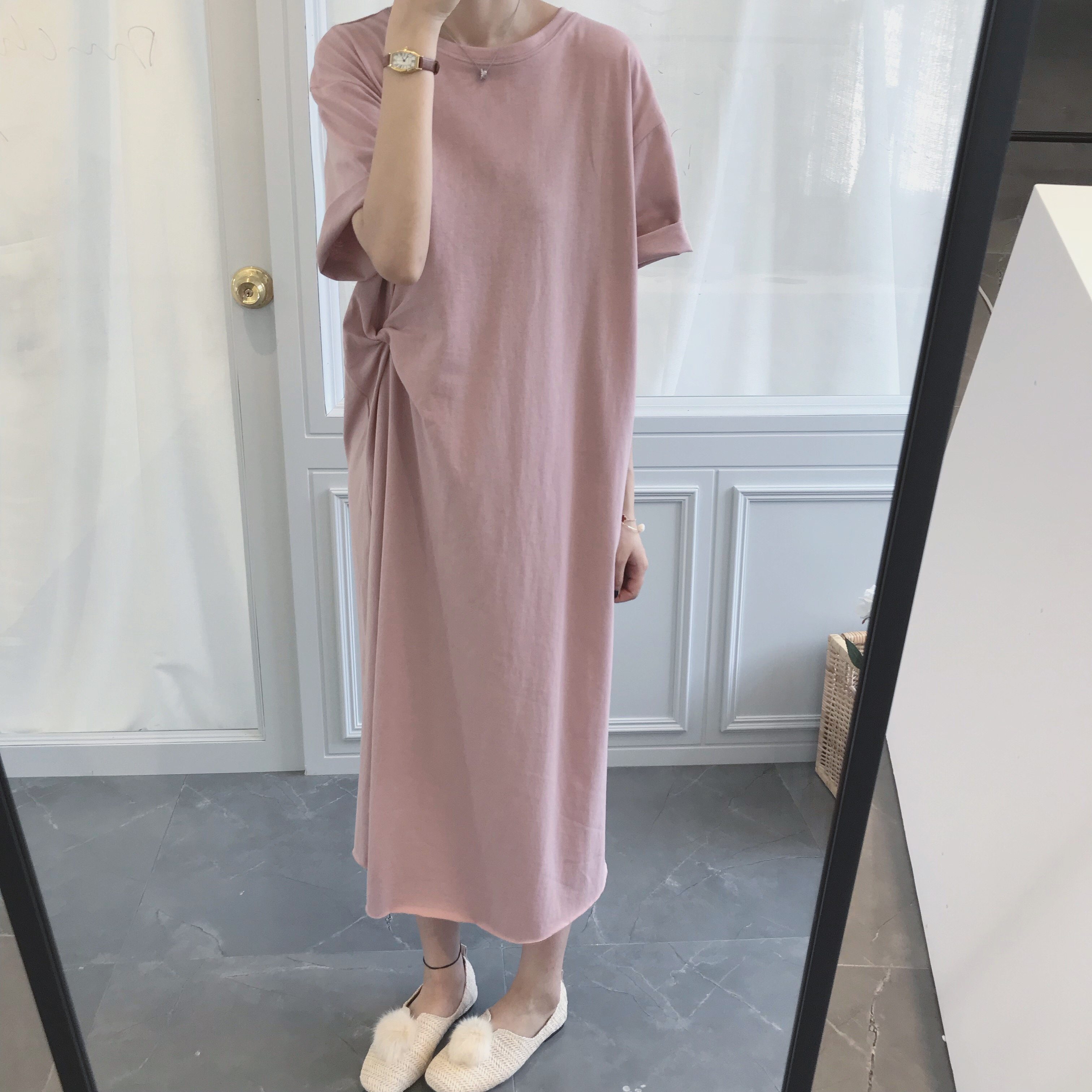 Big Cute Spring Summer New Chic Minimalist Design Sensation ~ Knotted Hemp Cotton Round Collar Short Sleeve Sloth TeeT-shirt Skirt Woman