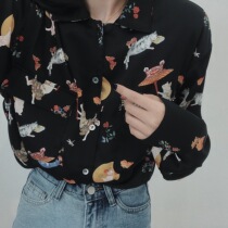 Cute spring and summer new chic and niche ~ Glossy printed lapel pocket lazy loose shirt top