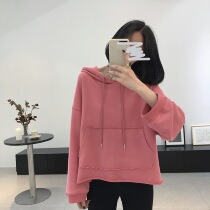 Big cute early autumn new human peach ~ Casual hooded short cut edge old terry sweater top