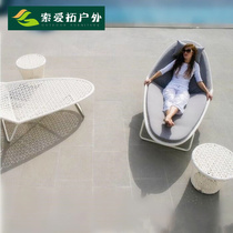 Outdoor recliner beach lying bed for lunch break sleeping bed Leisure reclining rattan furniture tea table combined white open lay chair