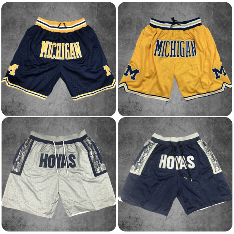 Michigan Georgetown University American Basketball Shorts with Four Pockets, Retro Embroidered High Street Five-Point Shorts